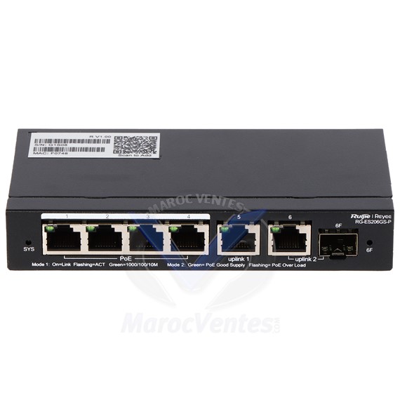 Reyee Switch 6-Ports Gb 4 PoE 2 Uplink RJ45 54W RG-ES206GS-P