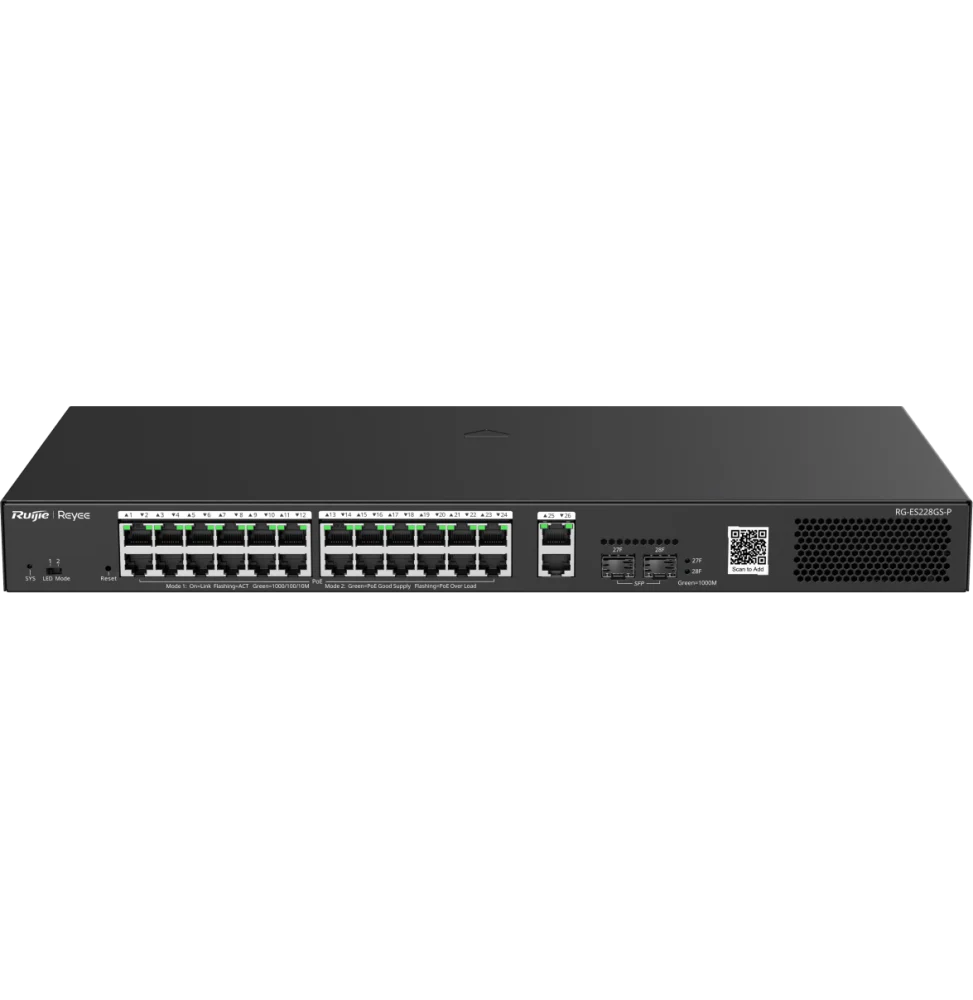 Reyee Switch 28 Ports Gb 24 PoE  2RJ45 2SFP  370W RG-ES228GS-P