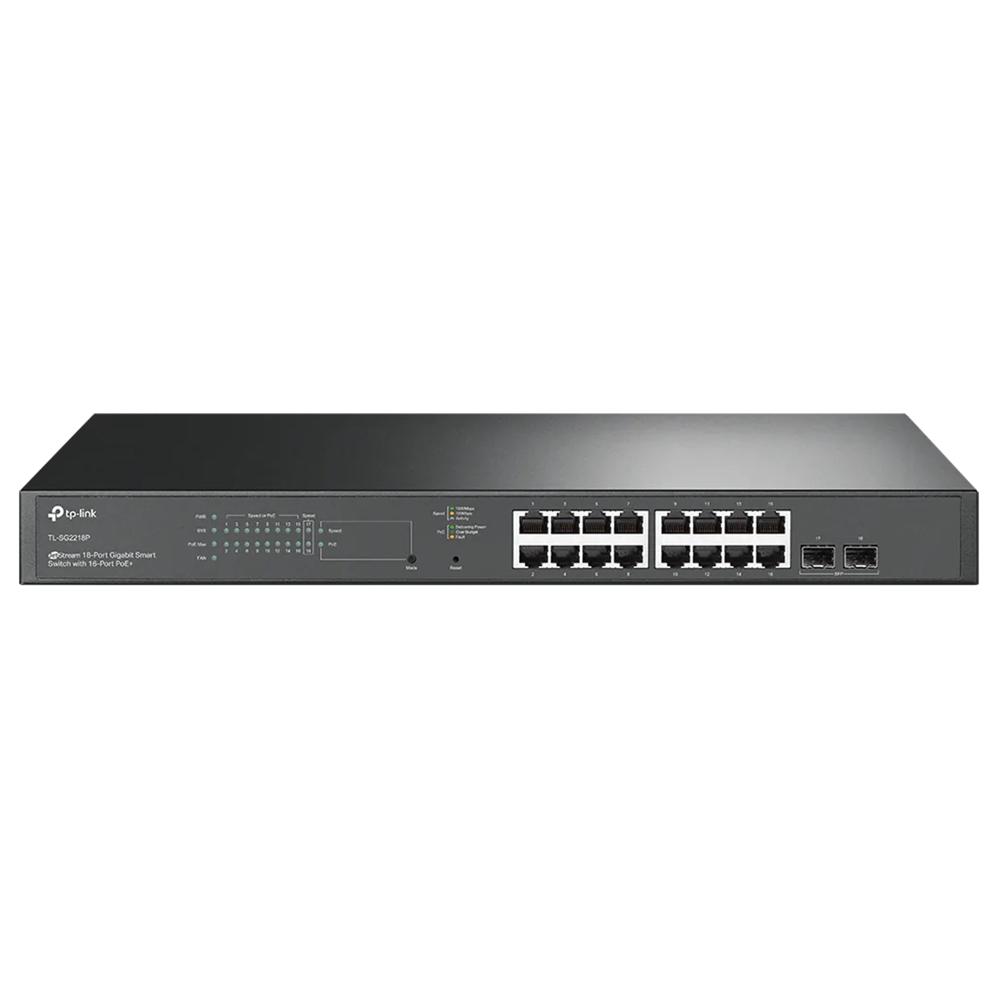 Tplink JetStream™ 16-Port Gigabit Smart Switch with 2 Gigabit SFP SlotsPORT: 16× Gigabit RJ45 Ports, 2× Gigabit SFP SlotsSPEC: 1U 19-inch Rack-mountable Steel CaseFEATURE: Integration with Omada SDN Controller, Static Routing, 802.1Q VLAN, STP/RSTP/ TL-SG